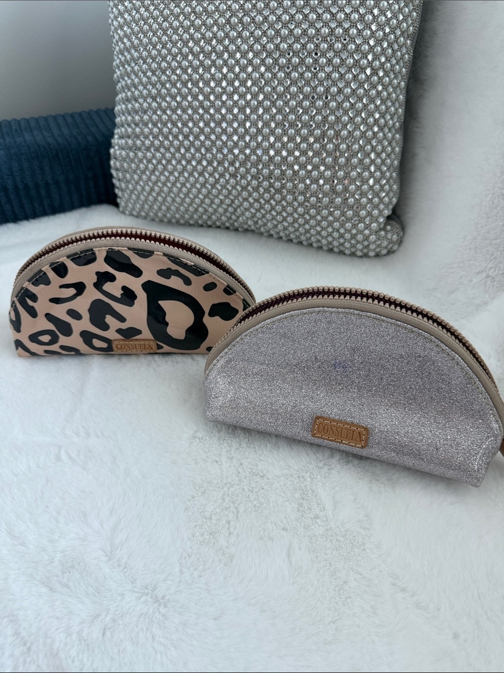 Consuela Glitter Half-Moon Cosmetic Pouch in Silver with Leopard Print Companion